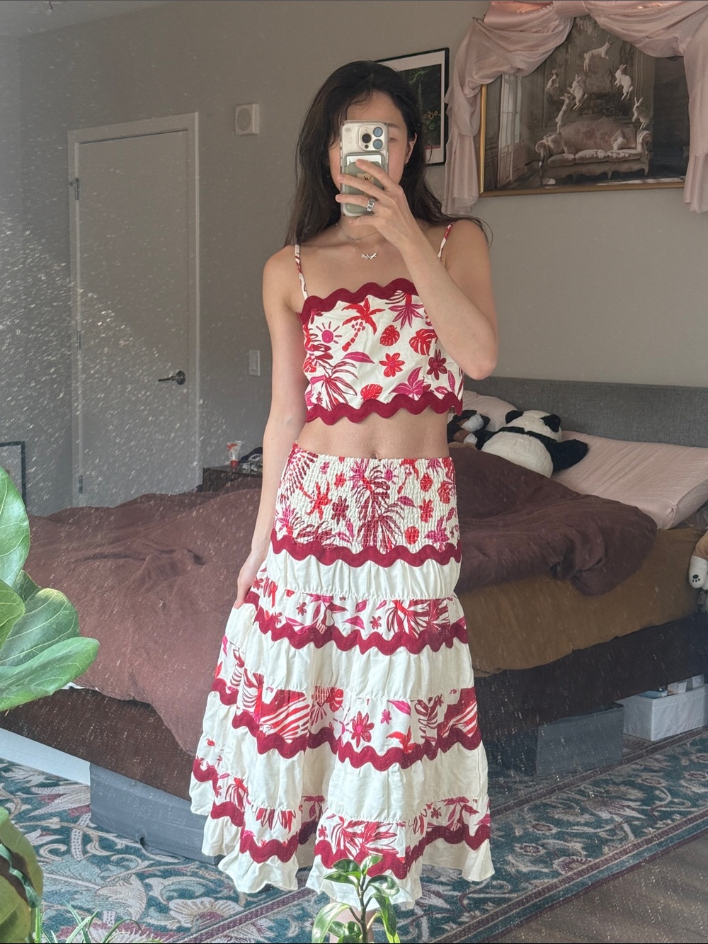 NWT Caroline Constas linen smocked red tropical print crop top midi skirt set